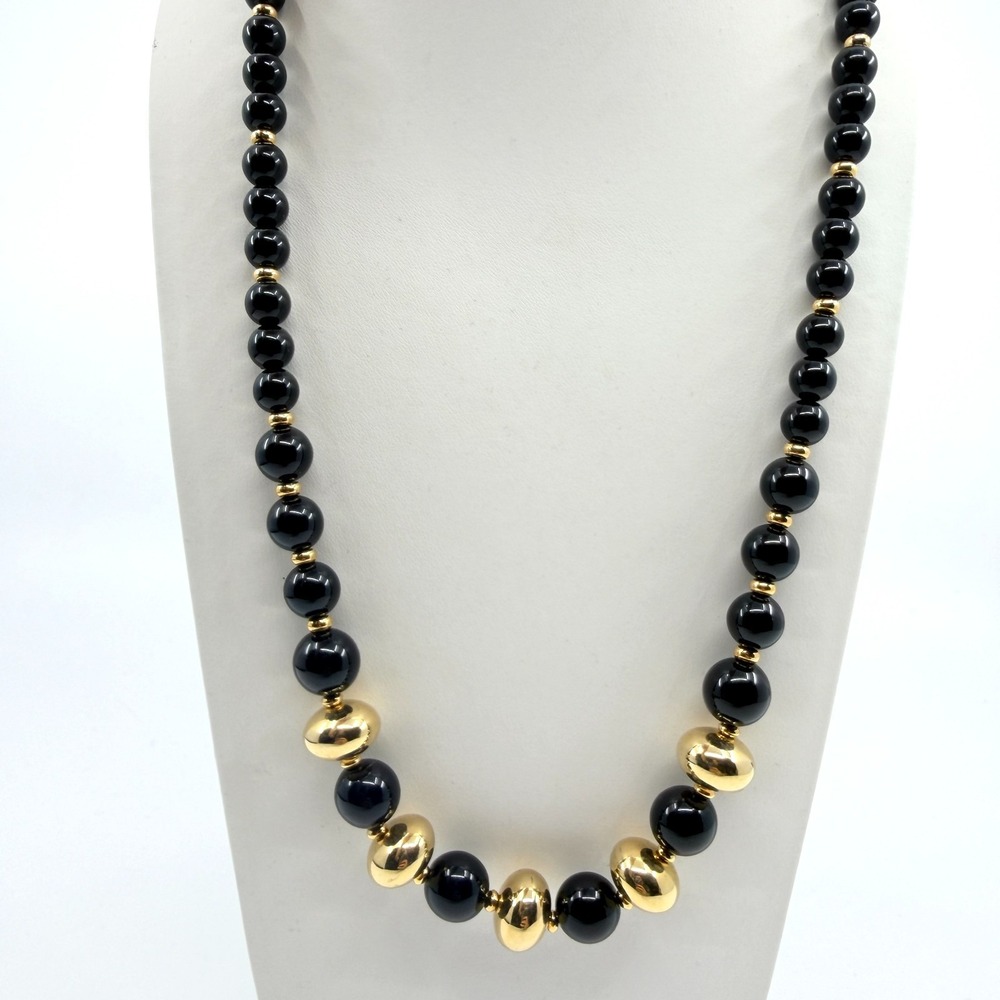 Vintage 80s Black Onyx Glass & Gold Tone Beaded Statement Strand Necklace Hook